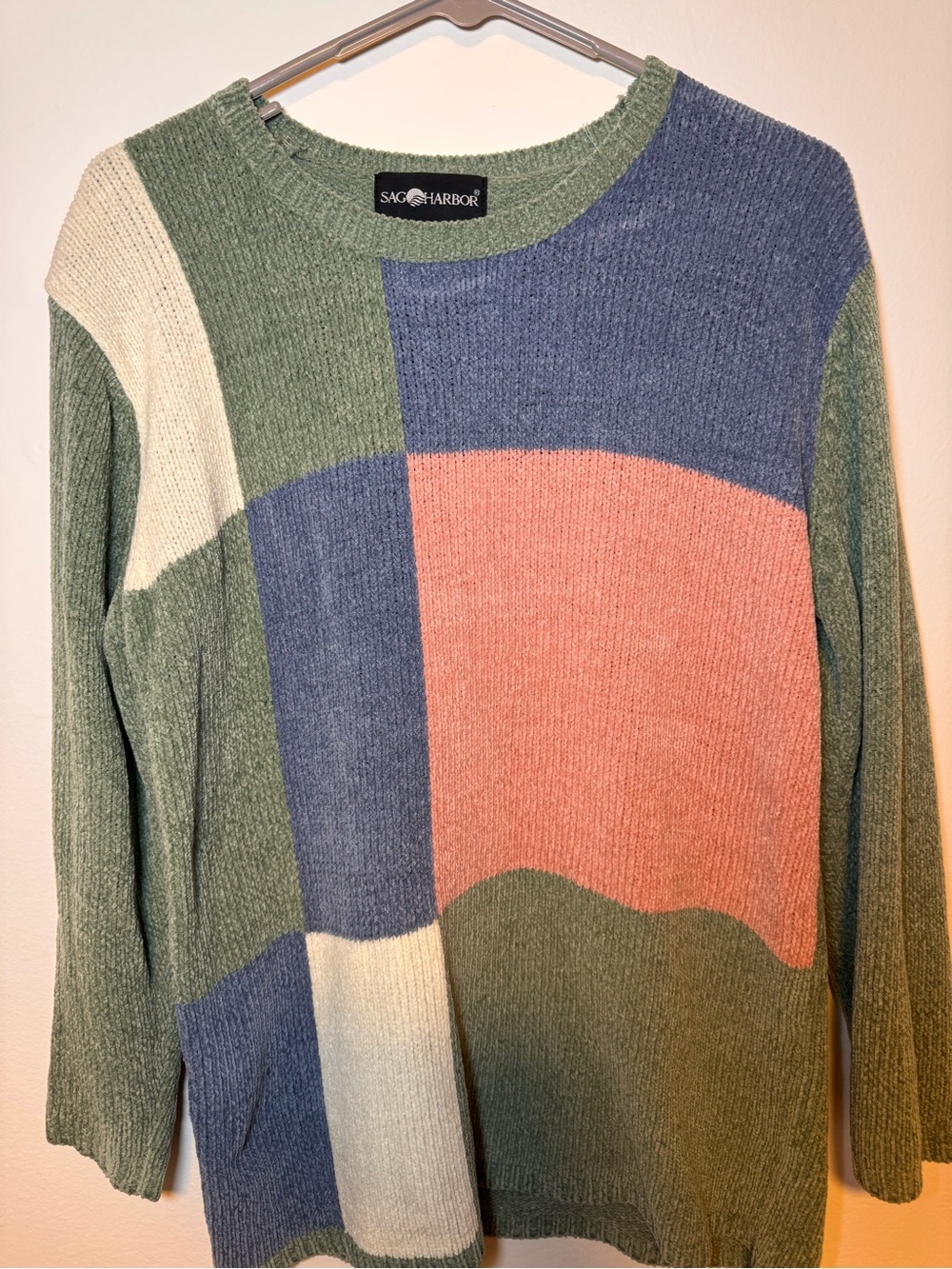 Sag Harbor Colorblock Crewneck Sweater in Green, Pink & Blue